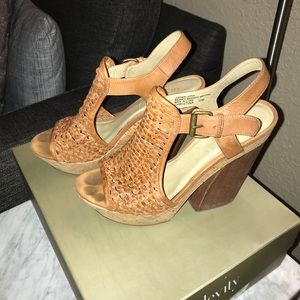 Woven leather wedge with wood and cork heel